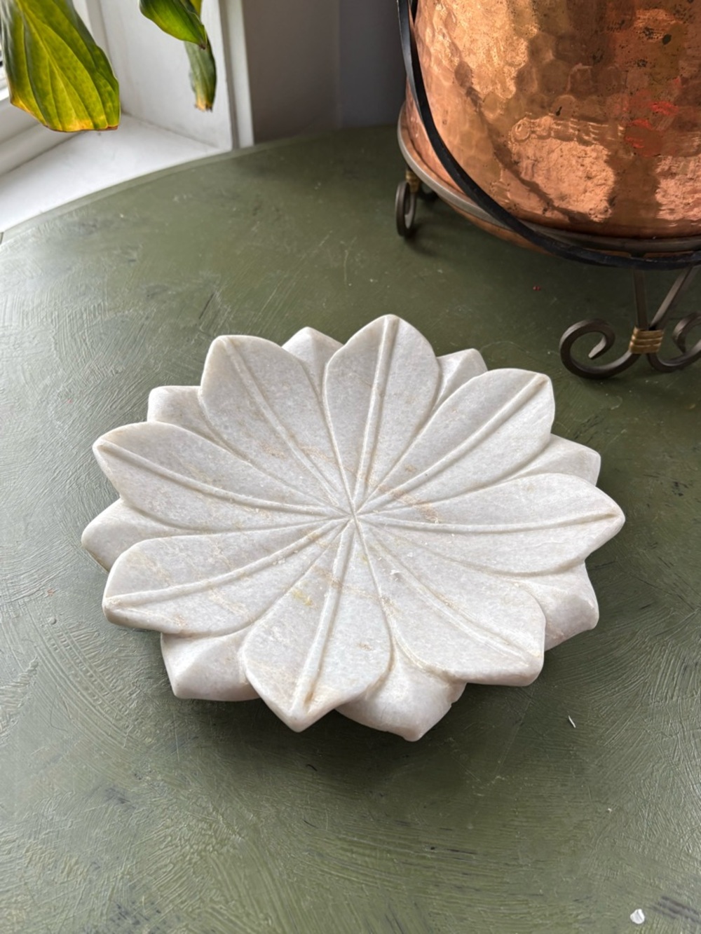 Carved Marble Flower Dish - Cream Stone